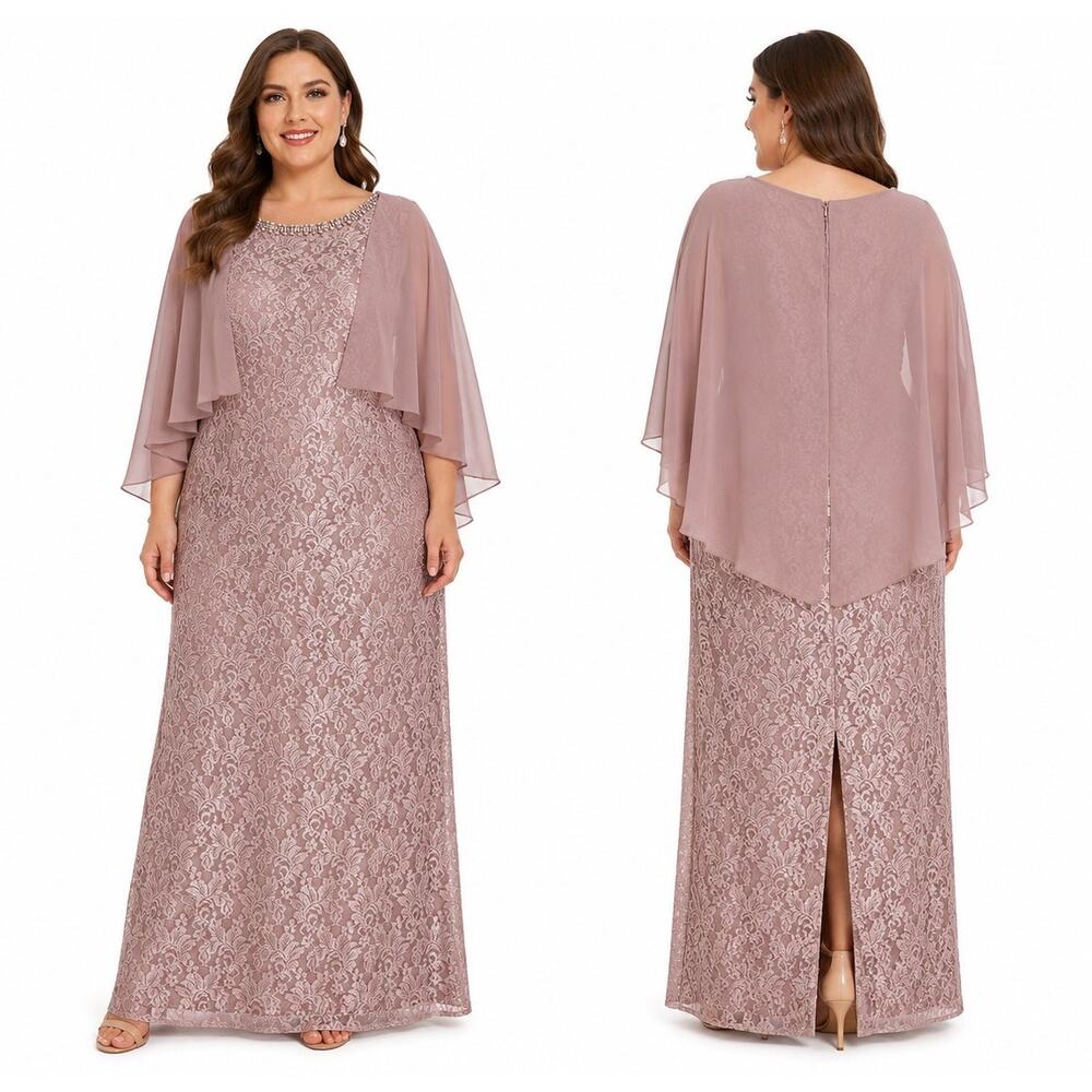 1990s Ignite Evenings New York Dusty Rose Lace Cape Evening Gown Beaded 16